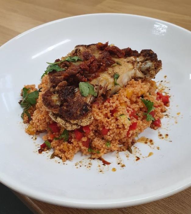 meat-free cauliflower steak with couscous